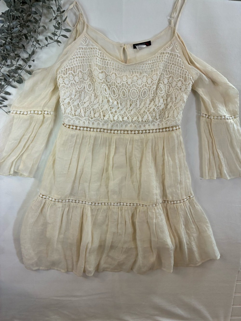 Cream Lace-Front Cold-Shoulder Midi Dress